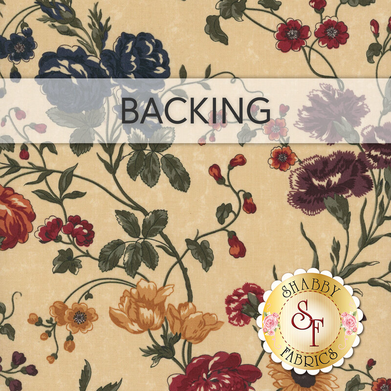 A swatch of cream fabric with a large floral pattern in earthy red, purple, blue, yellow, and green. A banner at the top reads 