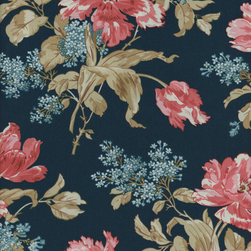 A floral pattern featuring large pink flowers and smaller blue flowers on a dark blue background.