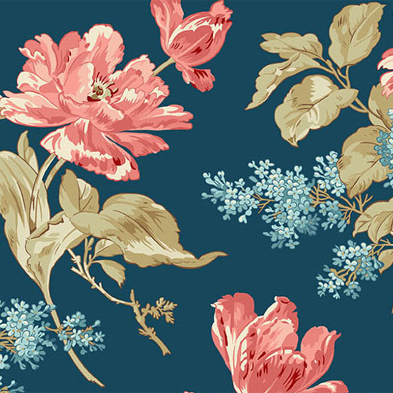 A floral pattern featuring large pink flowers and smaller blue flowers on a dark blue background.