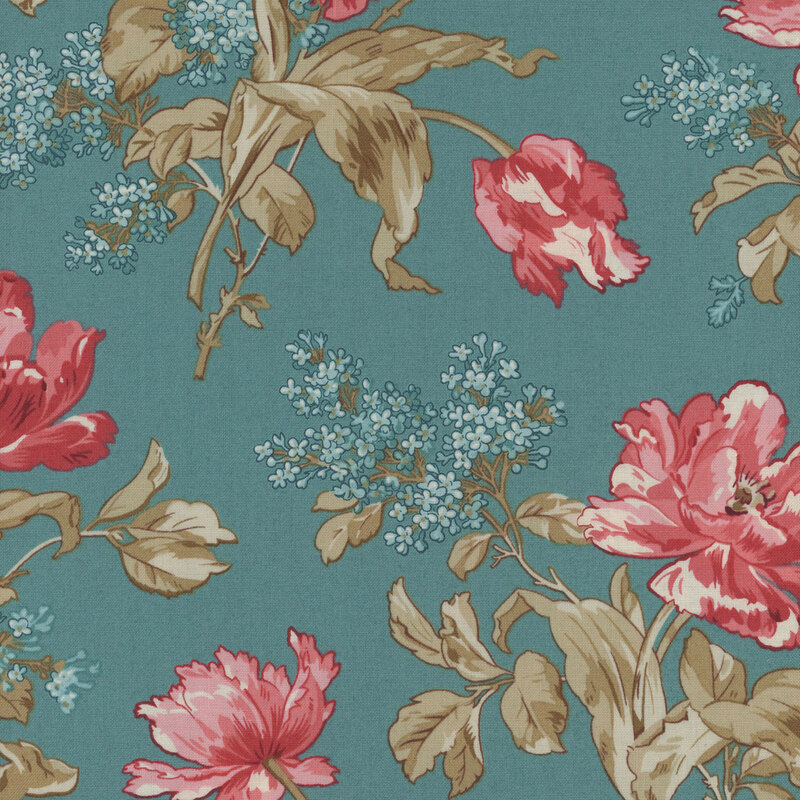 Teal fabric featuring large pink florals