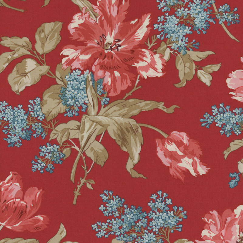 Red fabric featuring large pink florals