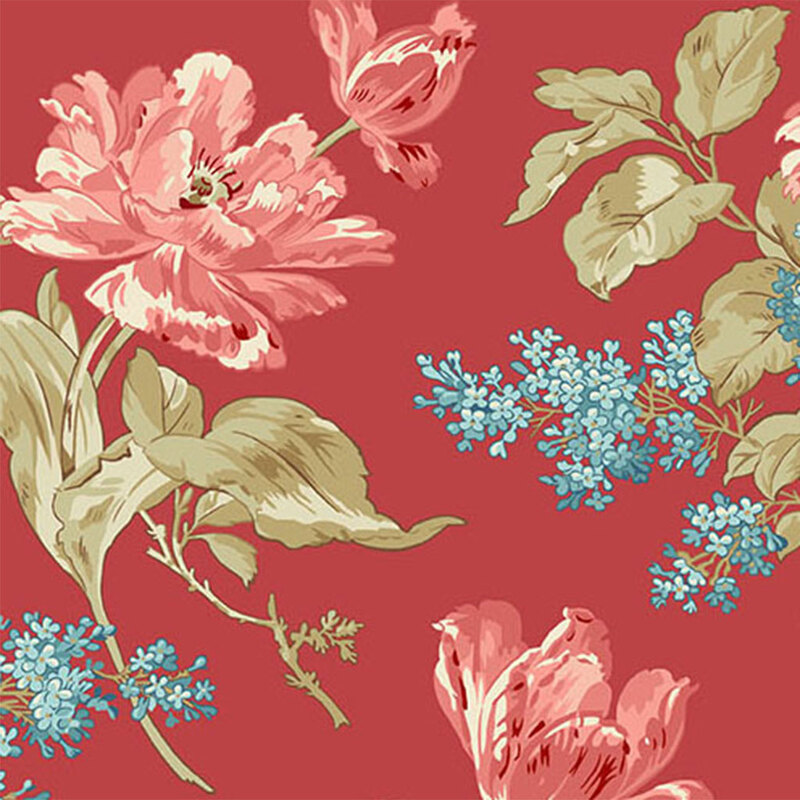 Red fabric featuring large pink florals