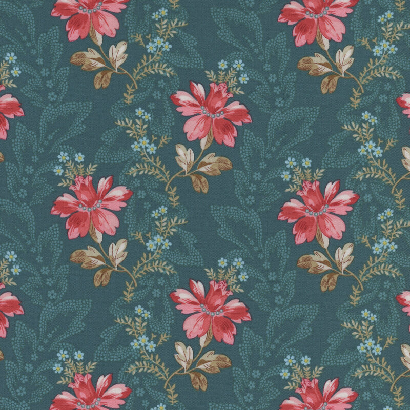 Teal fabric with pink and blue florals interspersed with a leafy design