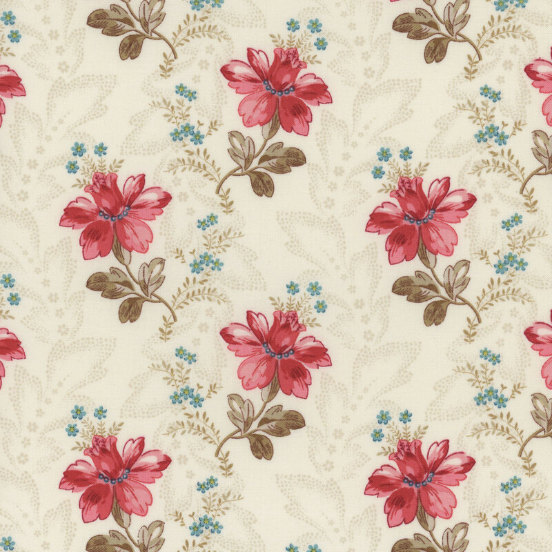 Cream fabric with pink and blue florals interspersed with a leafy design