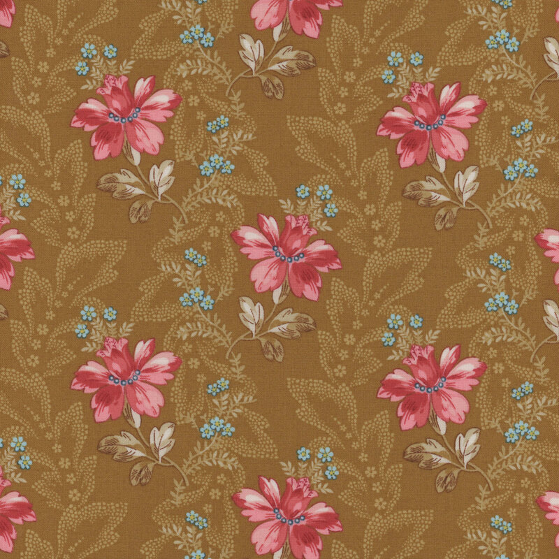 Brown fabric with pink and blue florals interspersed with a leafy design