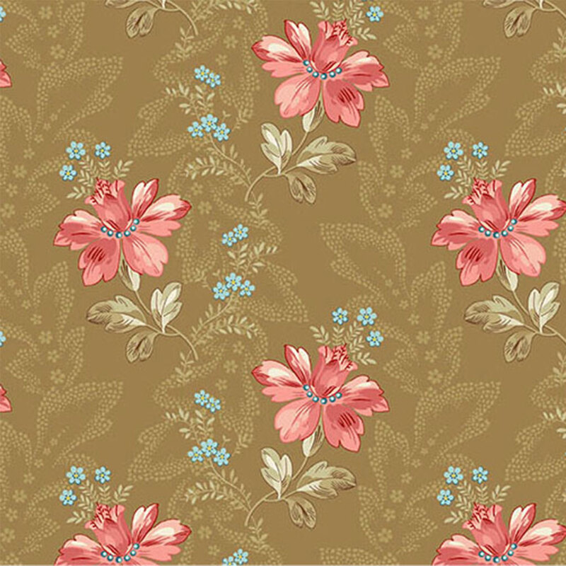 Brown fabric with pink and blue florals interspersed with a leafy design