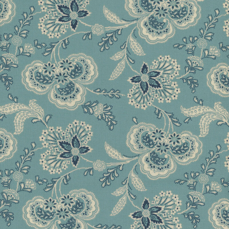 Light aqua blue fabric featuring a paisley floral design