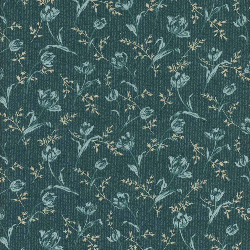 Dark teal fabric featuring delicate florals and sprigs