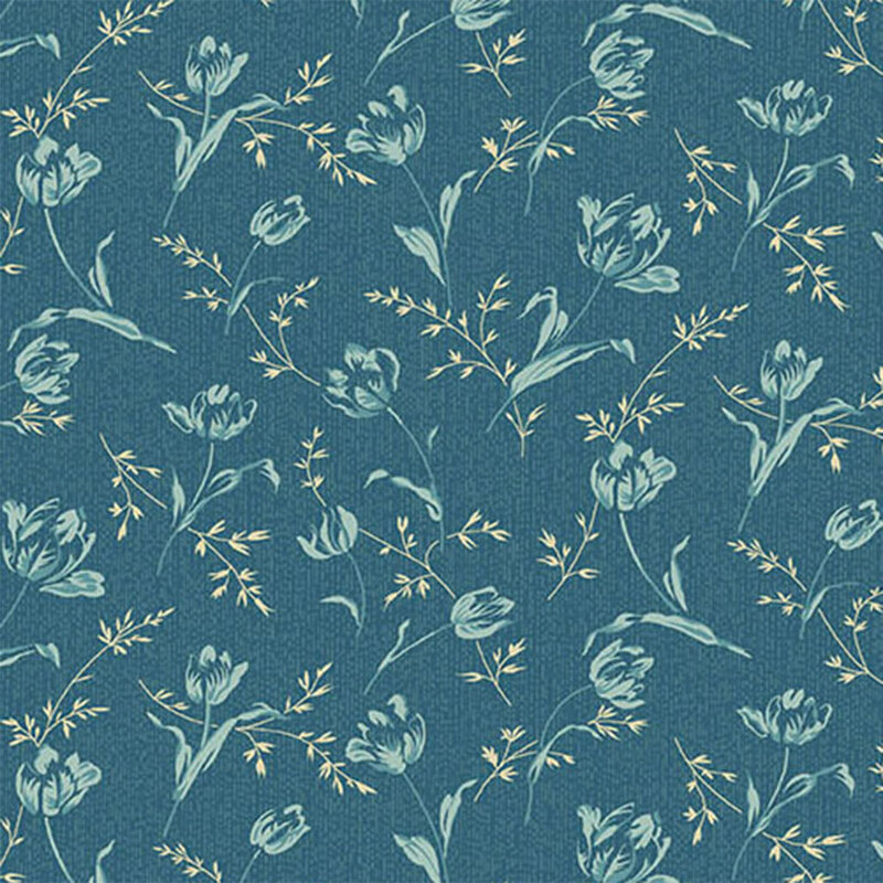 Dark teal fabric featuring delicate florals and sprigs