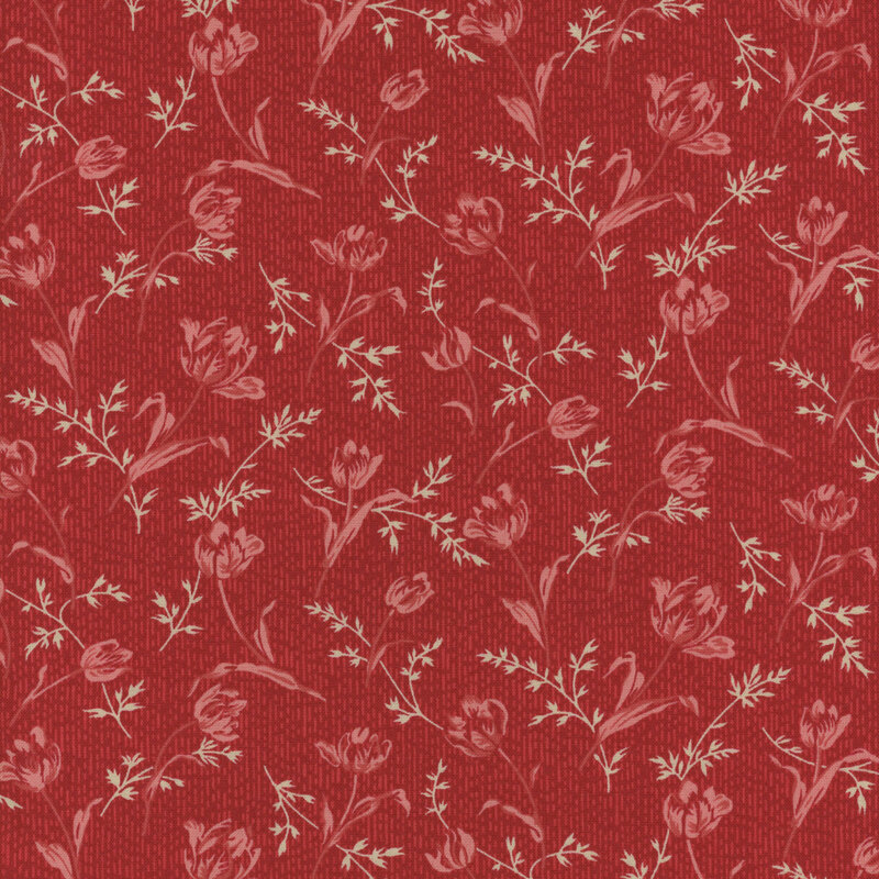 Red fabric featuring delicate florals and sprigs