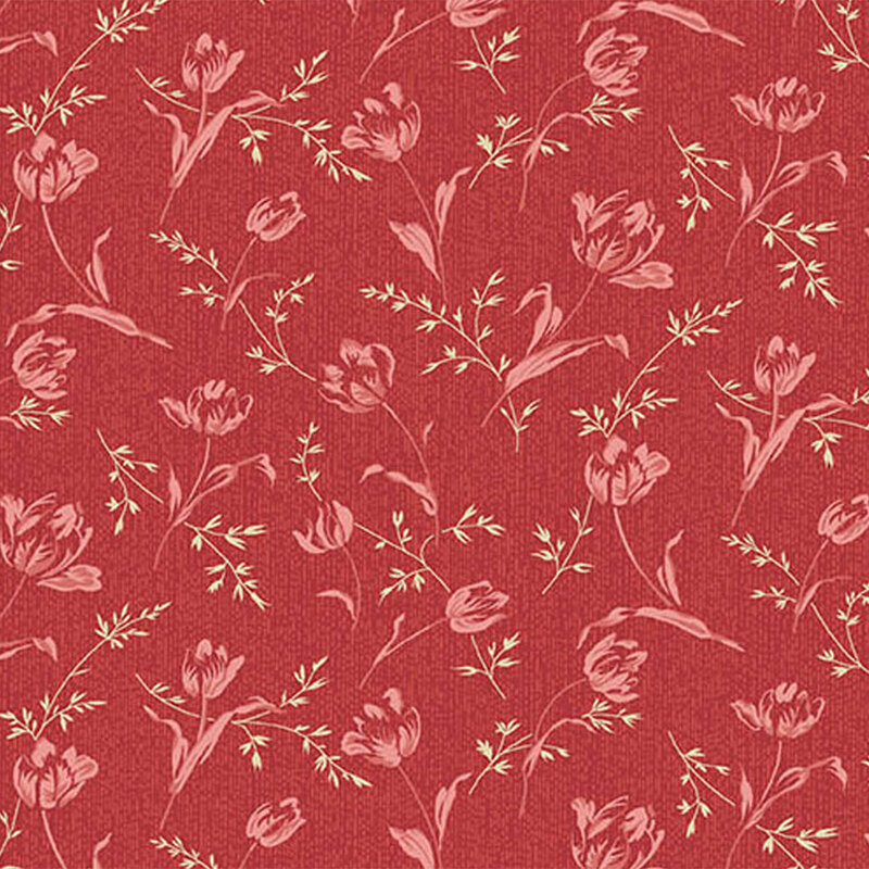 Red fabric featuring delicate florals and sprigs