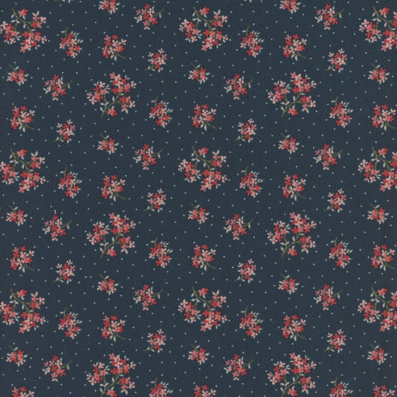 Dark blue fabric featuring a pattern of floral clusters