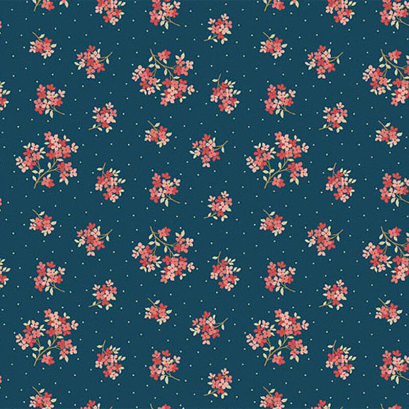 Dark blue fabric featuring a pattern of floral clusters