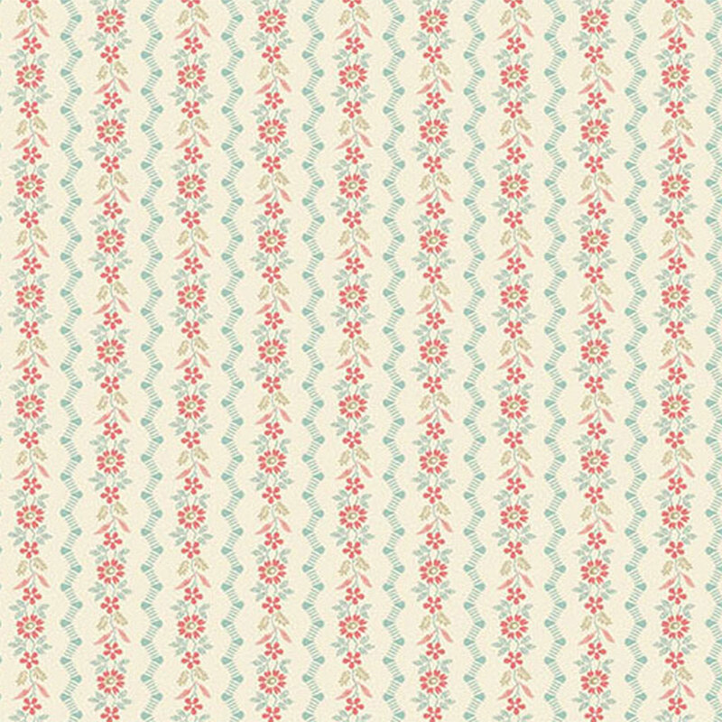 Cream fabric with alternating stripes of flowers and a zigzag pattern