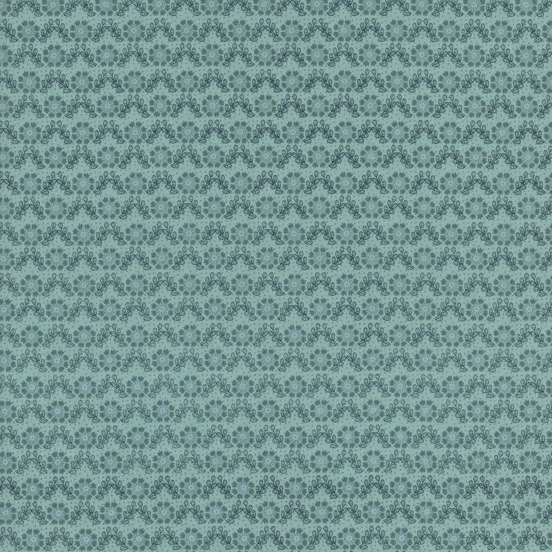 Teal fabric featuring a pattern of florals