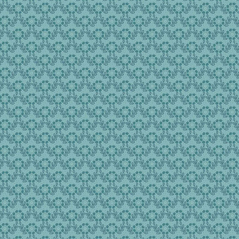 Teal fabric featuring a pattern of florals