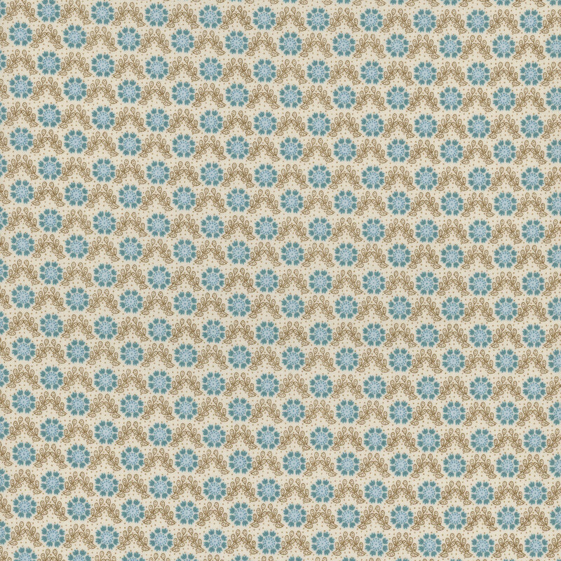 Cream fabric featuring a pattern of teal florals