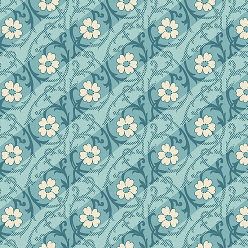 light aqua fabric featuring a diagonal striped design with florals and swirls