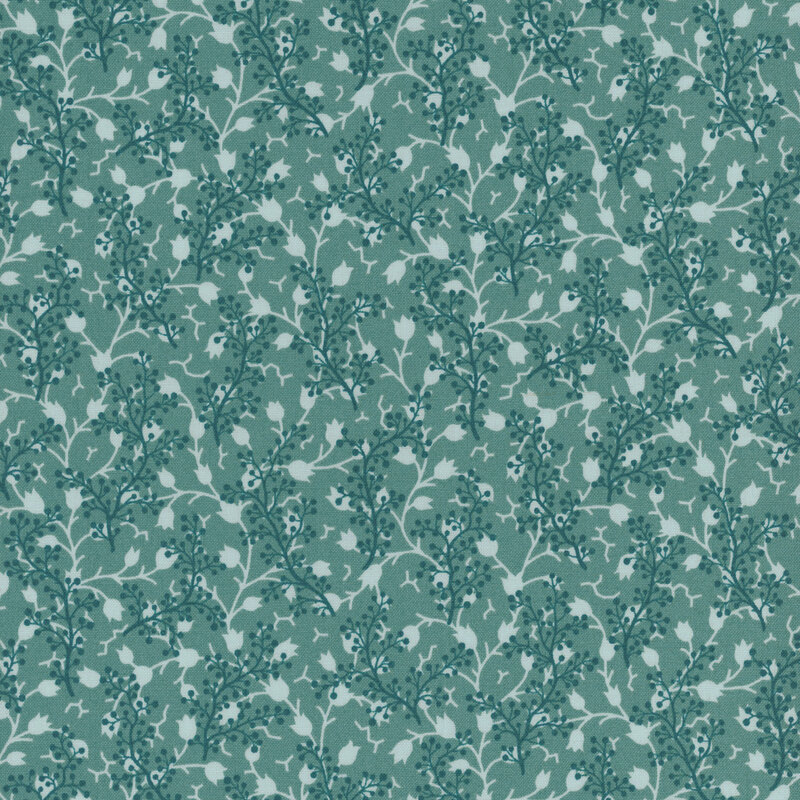 Tonal teal fabric featuring a pattern of scattered sprigs intertwined with delicate floral vines