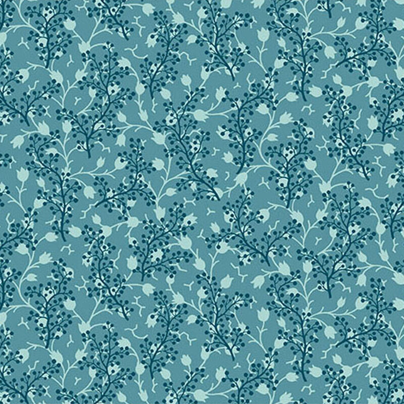 Tonal teal fabric featuring a pattern of scattered sprigs intertwined with delicate floral vines