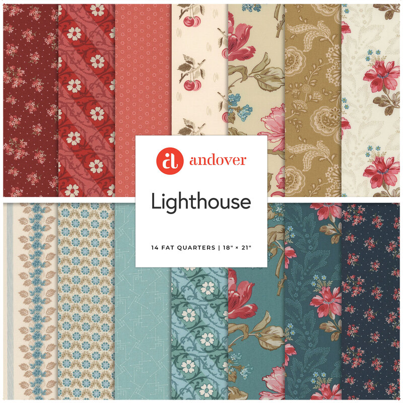A collage of cream, red, and blue floral fabrics in the Lighthouse fabric collection