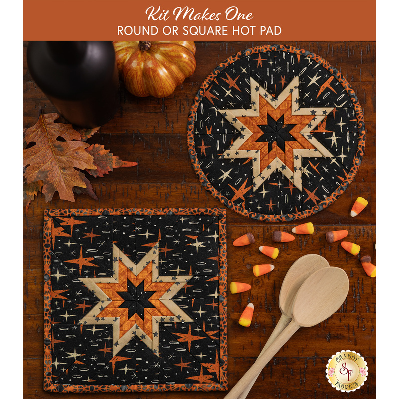 Two quilted hot pads, one round and one square, featuring a star design in orange and black displayed on a wooden table with coordinating seasonal decor. An orange banner at the top reads 