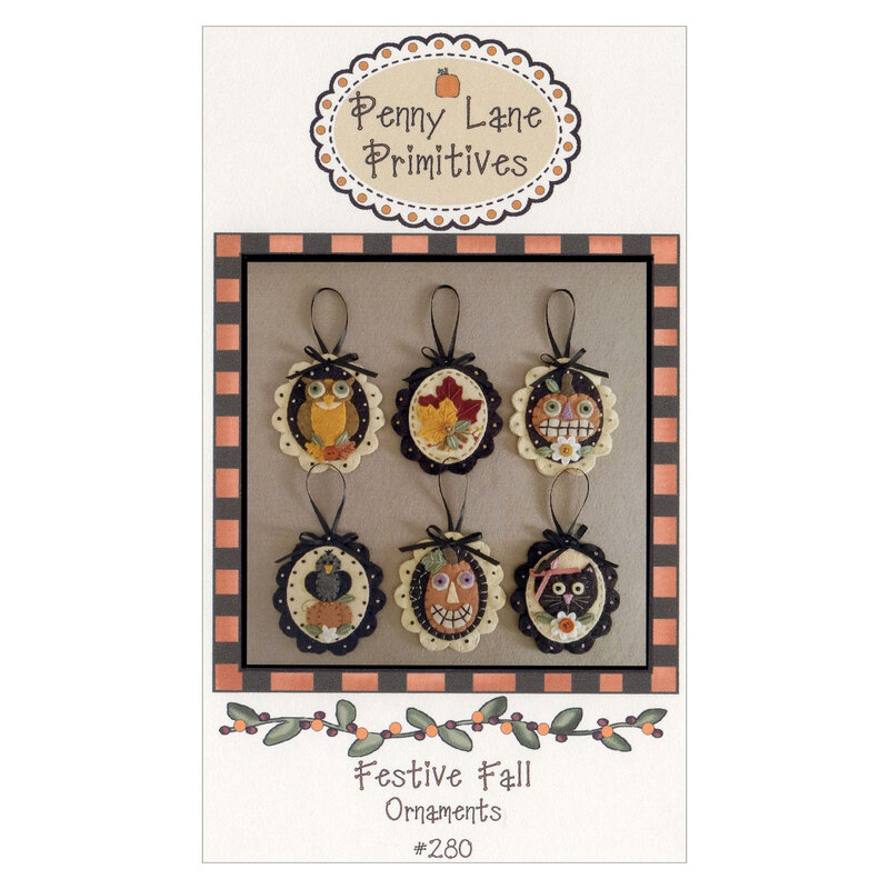 The front of the Festive Fall Ornaments pattern featuring the finished ornaments on a gray background..