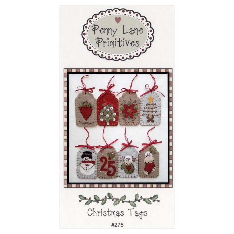 The front of the Christmas Tags Ornaments pattern featuring the finished ornaments displayed on a white background.