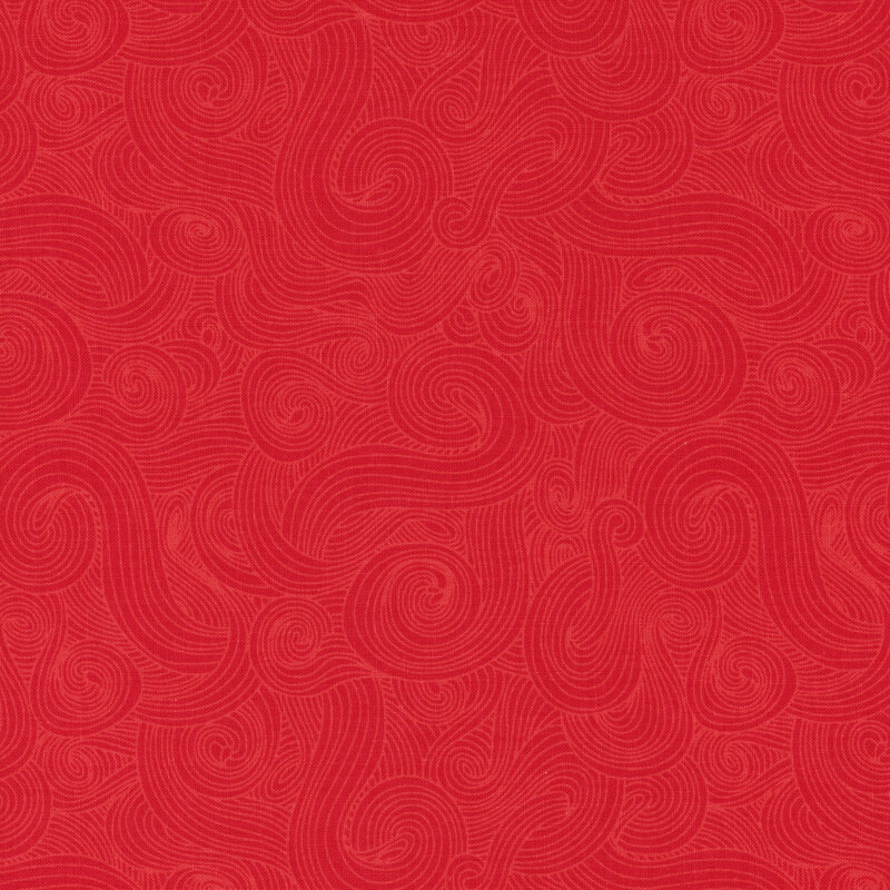 Bright red fabric with tonal-outlined swirls.