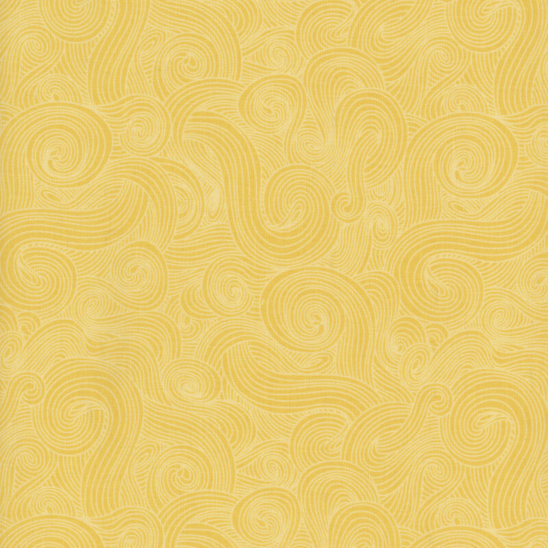 Muted yellow fabric with tonal-outlined swirls.