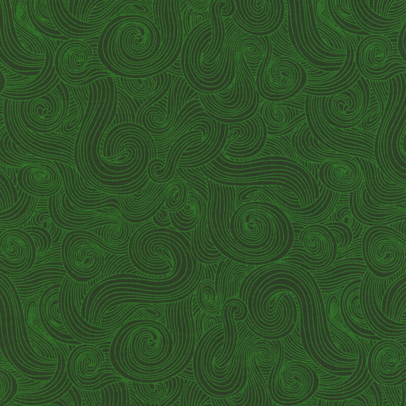 Forest green fabric with light green-outlined swirls.