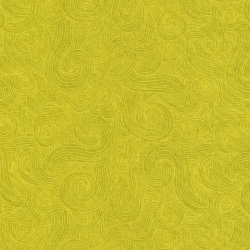 Lime green-yellow fabric with tonal-outlined swirls.