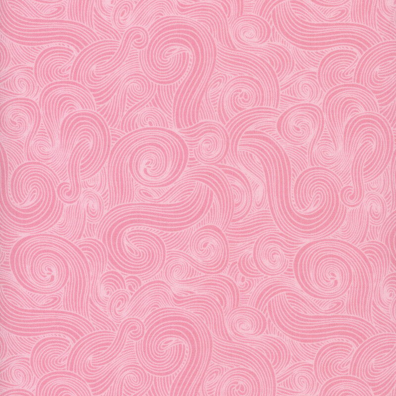 Pink fabric with light pink-outlined swirls.