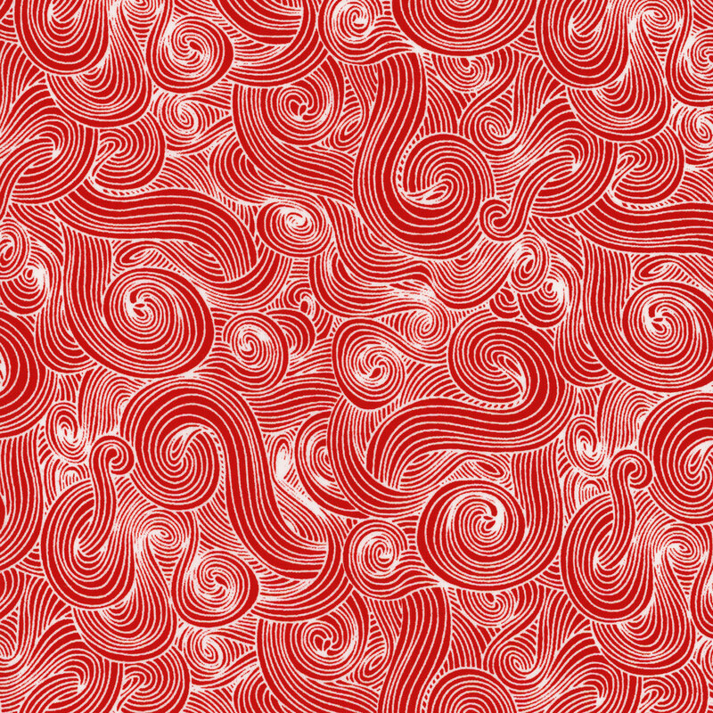 Red fabric with white-outlined swirls.