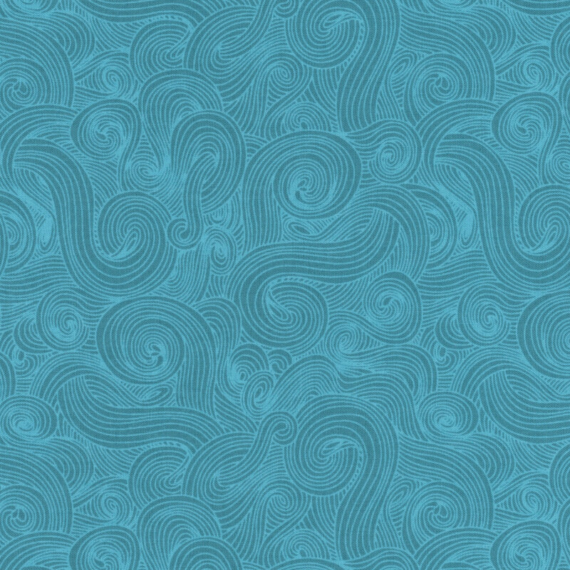 Denim blue fabric with tonal-outlined swirls.