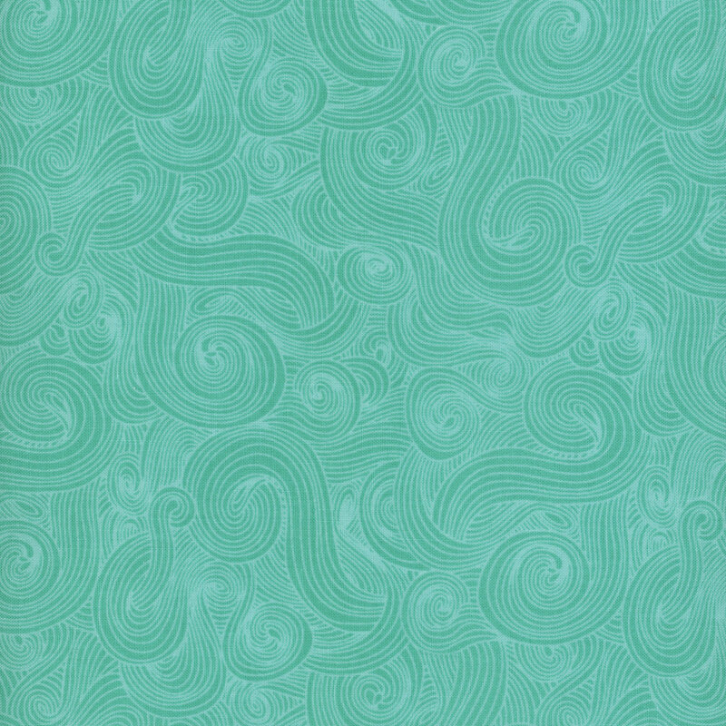 Teal fabric with lightly outlined swirls.