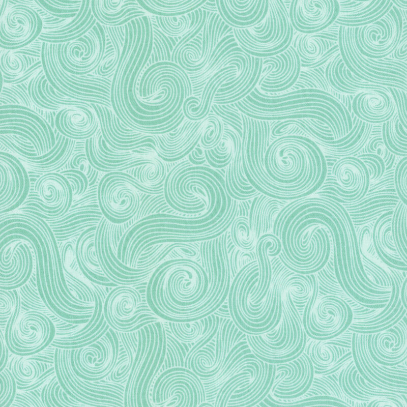 Light teal fabric with white-outlined swirls.