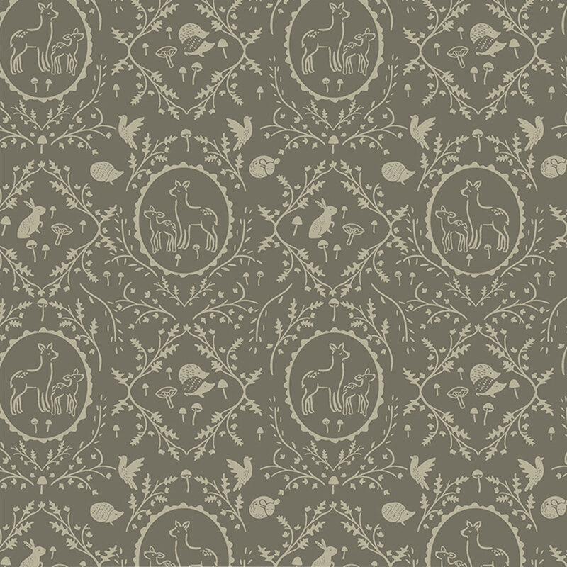 Gray brown fabric with leaves and vines in a damask pattern surrounding forest animals.