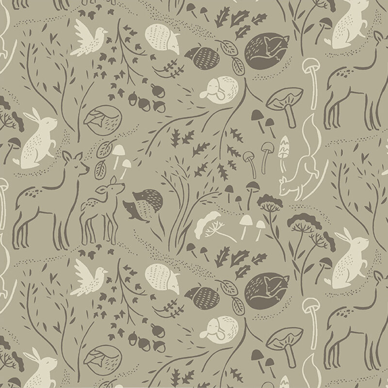 Taupe fabric with scattered forest animals like deer, hedgehogs, foxes, and rabbits amongst trees, leaves, and mushrooms.