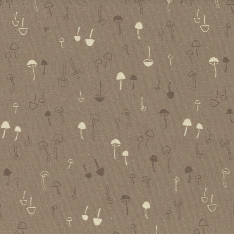 Dark taupe fabric with scattered mushrooms.