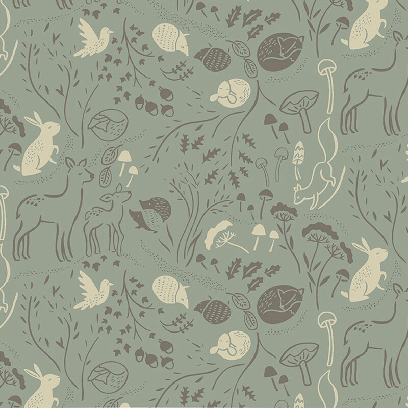 Eucalyptus green fabric with scattered forest animals like deer, hedgehogs, foxes, and rabbits amongst trees, leaves, and mushrooms.