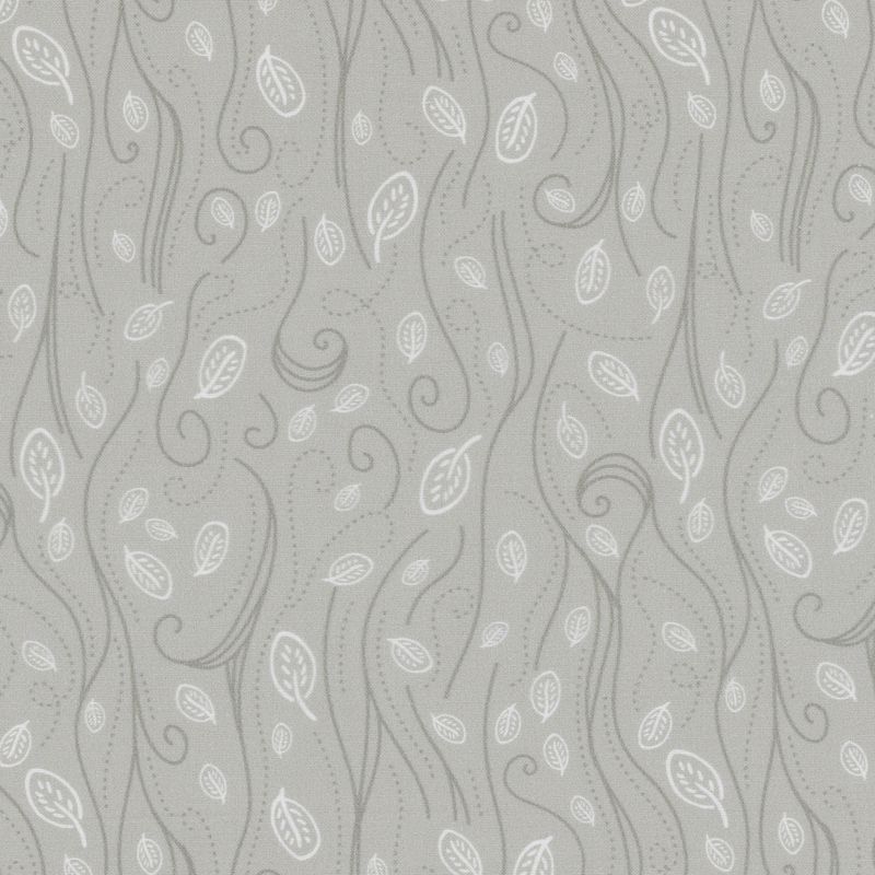 Gray fabric with swirls of wind blowing leaves through the air.