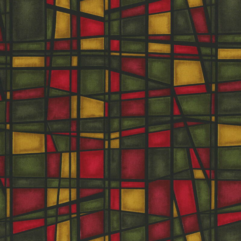 Green, yellow and red fabric in a mottled, stained glass pattern.