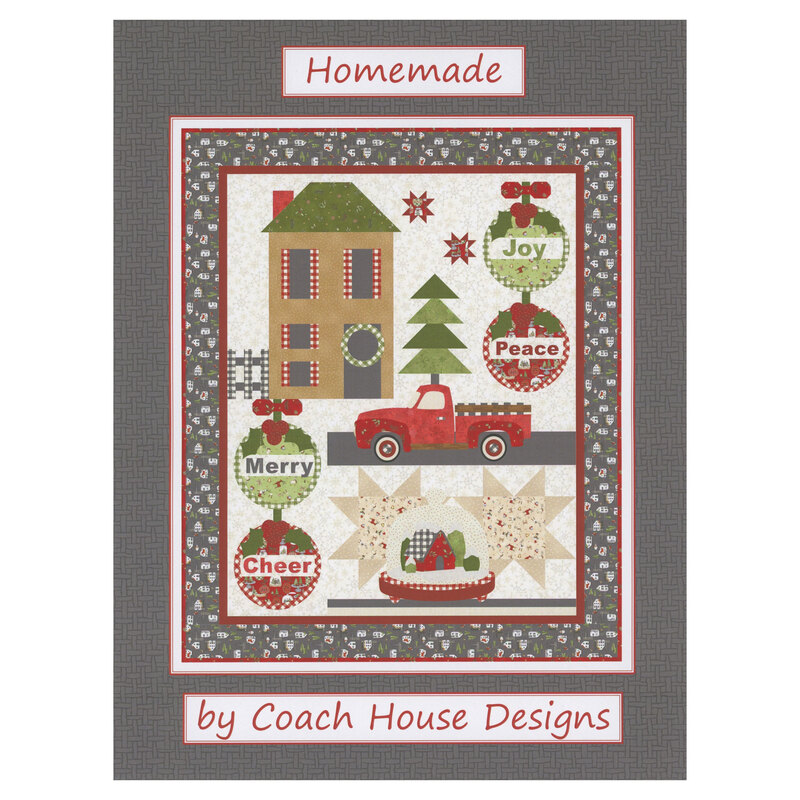 Front of the pattern featuring a digital mockup of the festive quilt design featuring a house, a tree, and a red truck with holiday words: Joy, Peace, Merry, Cheer.