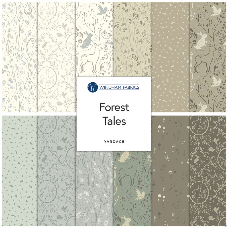 A collage of fabrics in the Forest Tales fabric collection in neutral shades of brown, tan, cream, and sage.