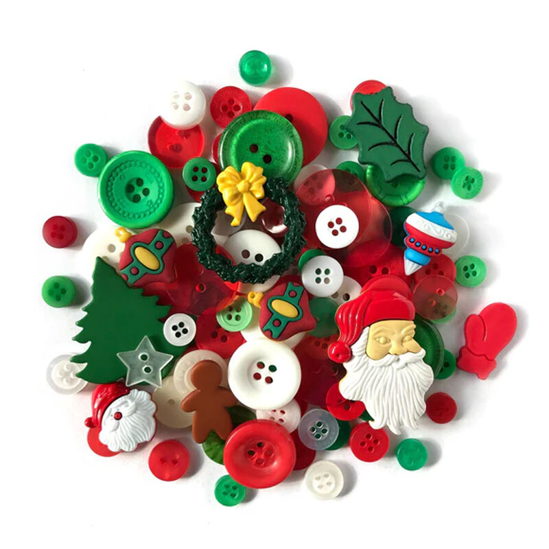 Isolated pile of red and green Christmas themed buttons against a white background