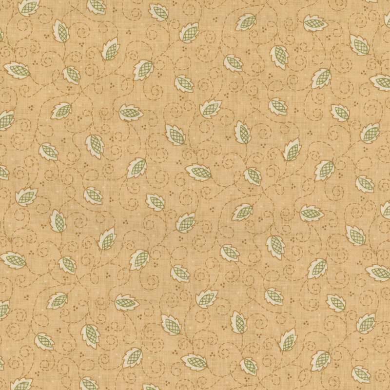 Warm and deep beige fabric with tossed leaves and vines.