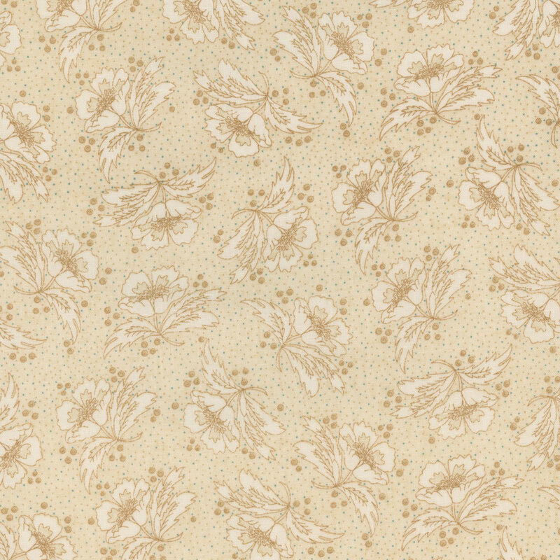 Warm beige fabric with tossed florals and leaves.