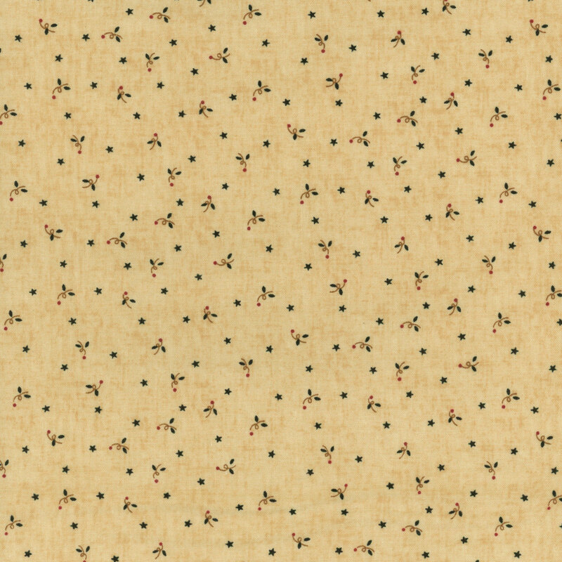 Dark beige fabric with tossed ditsy stars and plant motifs.