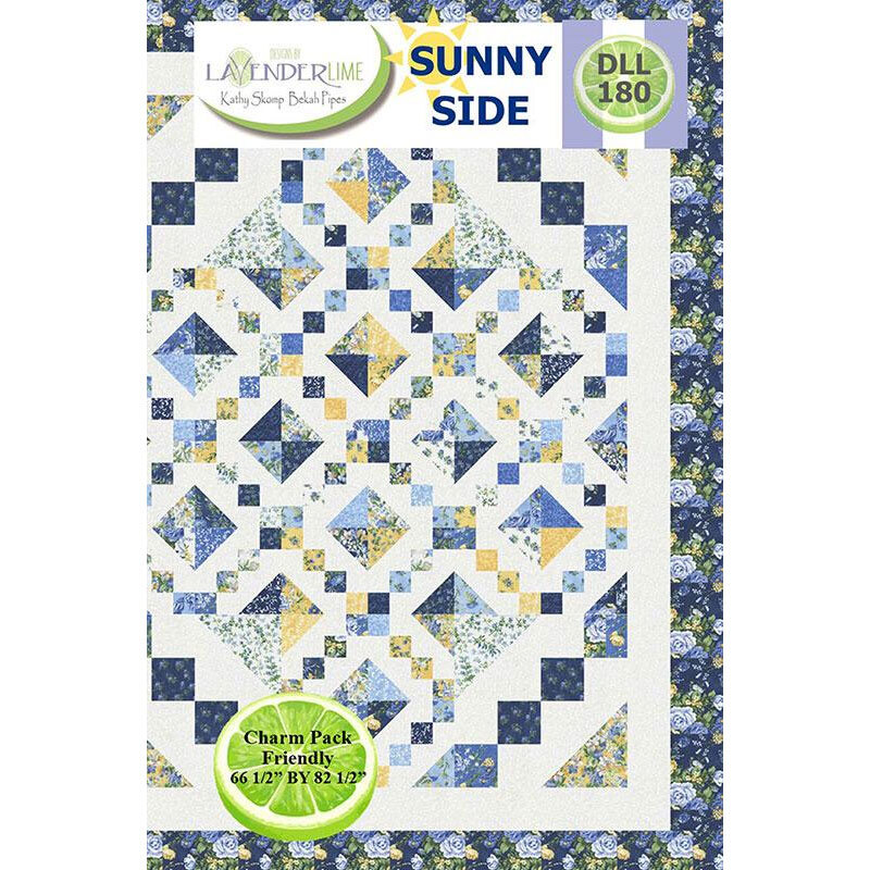 The front of the Sunny Side quilt pattern showing a geometric quilt with an array of diamond blocks